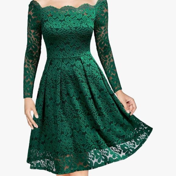 Emeralg Green eyelash lace off shoulder dress S - Picture 1 of 3